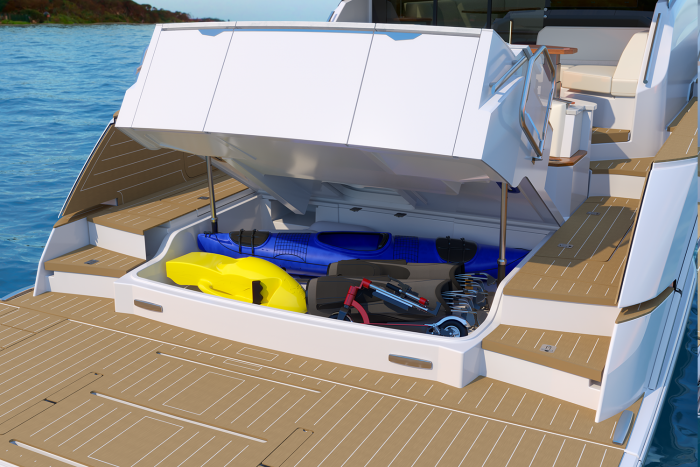 EX 60 Transom trunk storage, electrically acuated and accessible from transom or thru deck hatch in cockpit