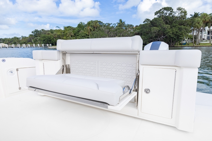 Tiara Yachts 43 LS | Fold-Down Seat with Backrest, Signature Upholstery Package: Sea Cliff Grey