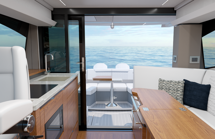 Tiara Yachts 43 LE | Sliding glass door and electrically actuated dropping glass to port