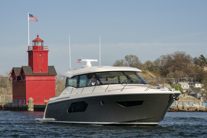 Tiara Yachts 49 Coupe alongside 'Big Red' in Holland, Mich. 